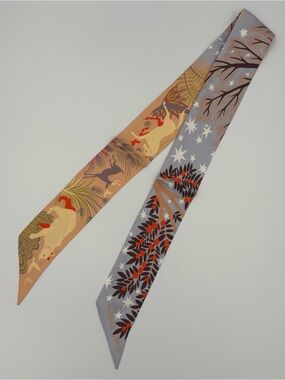 Hermes Sous le Charme d'Orphee Twilly Scarf Etoupe Blue Stars Animals